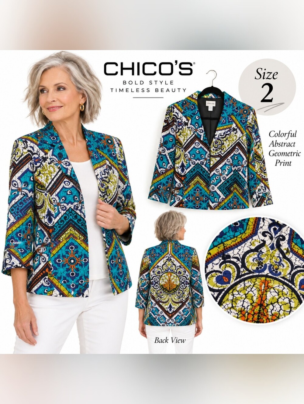 Chico’s Size 2 L 12/14 Abstract Geometric Cotton Statement Blazer Jacket